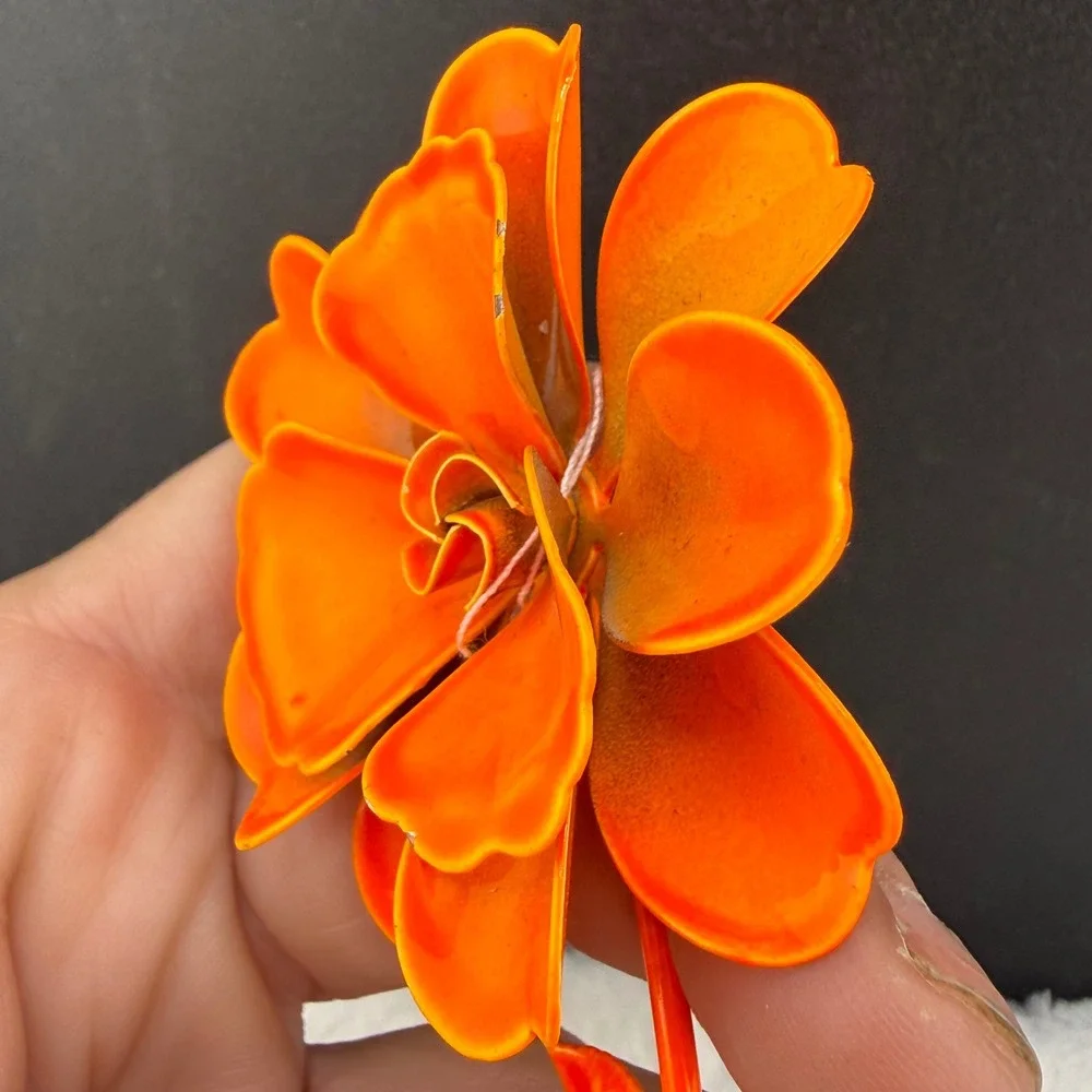 Vintage Enamel Flower Brooch Mod Pop Orange Layered Petal Retro